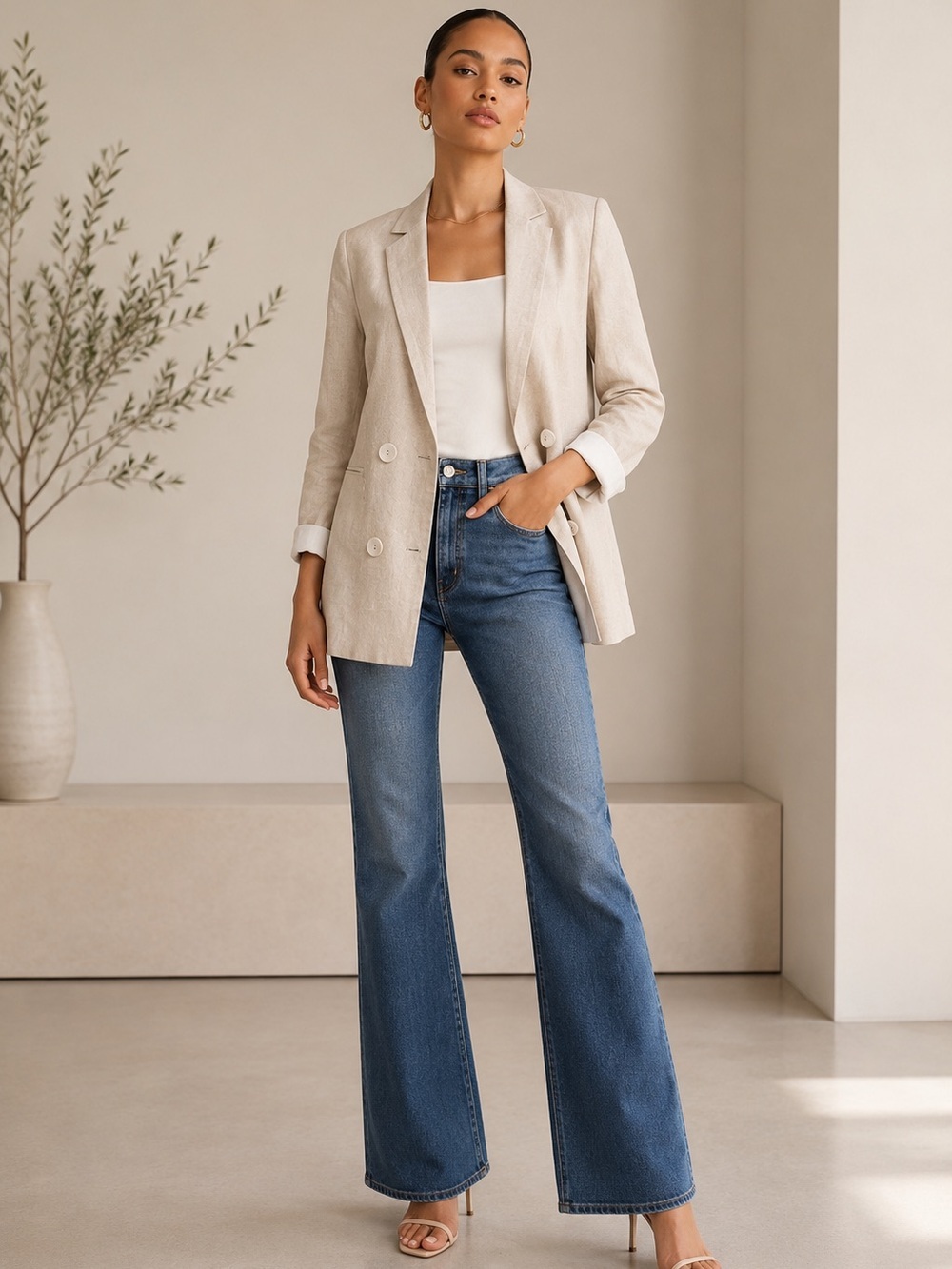 HALSTON HERITAGE Linen Double Breasted Blazer Cream Ivory Lightweight Jacket M